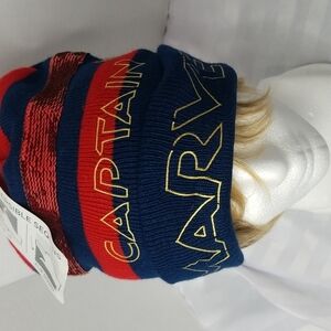 CAPTAIN MARVEL REVERSIBLE SEQUINS POM BEANIE IN NAVY & RED